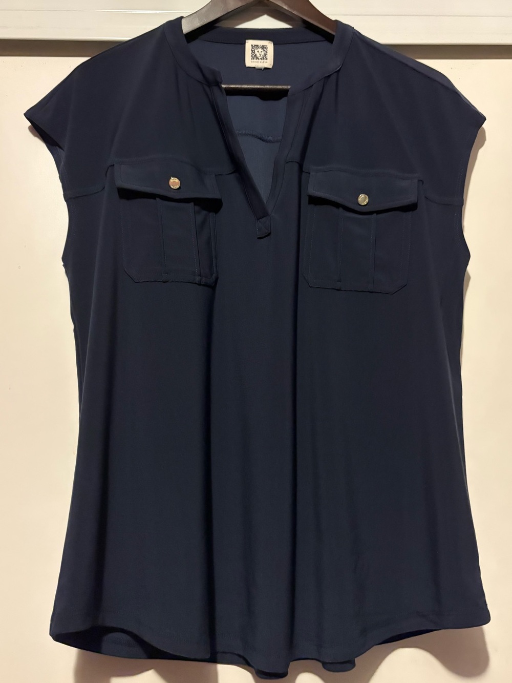 Anne Klein Navy Split V-Neck Cap Sleeve Blouse with Chest Flaps